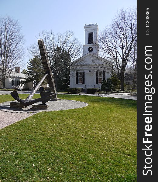 Wooden church and huge anchor in Mystic Seaport, Connecticut. Wooden church and huge anchor in Mystic Seaport, Connecticut