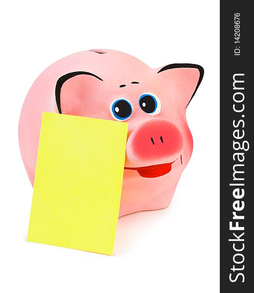 Piggy bank and note paper isolated on white background