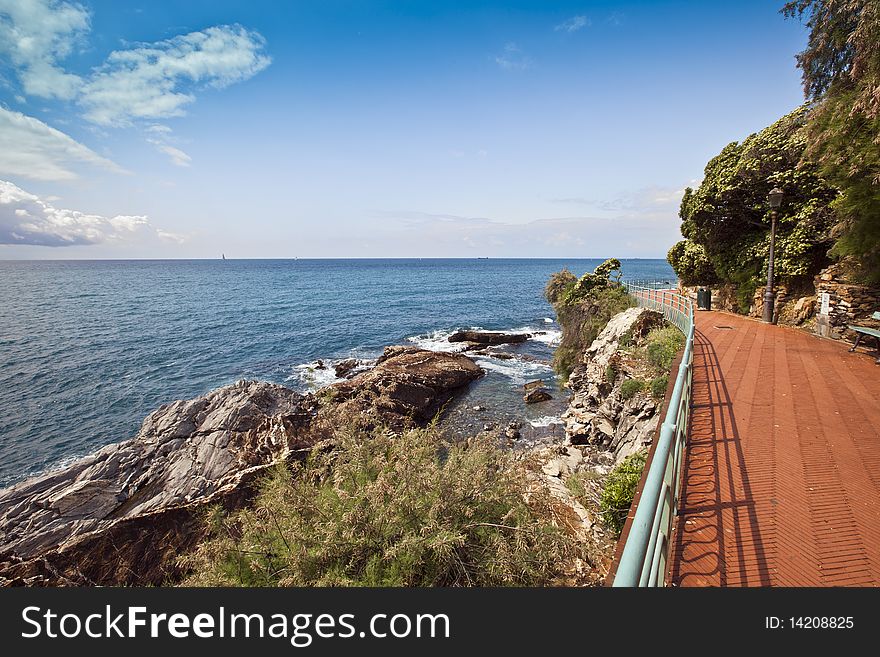The promenade of Nervi and its paving brick. This is one of the most picturesque villages of Genoa. The promenade of Nervi and its paving brick. This is one of the most picturesque villages of Genoa