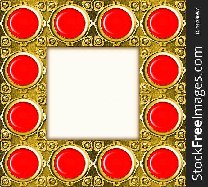 Elegant picture frame design with golden border and red stones. Elegant picture frame design with golden border and red stones.
