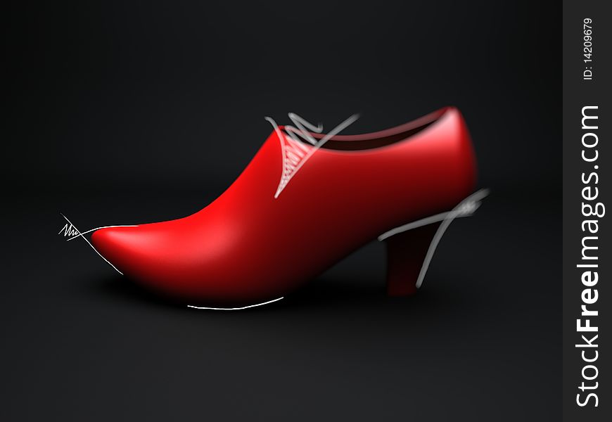 Red fashion shoe render with sketch on top. Red fashion shoe render with sketch on top