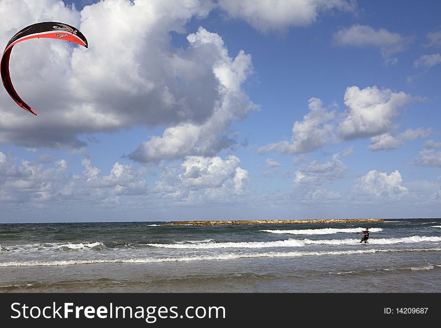 Full Sail Kite Surfing On Tel Aviv Beach
