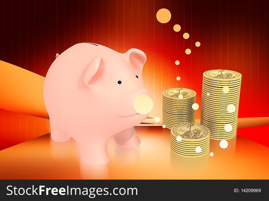 coins	piggy bank with gold coins on color background. coins	piggy bank with gold coins on color background