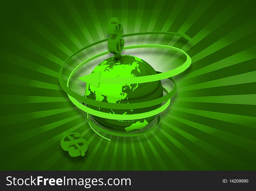 3d rendering of globe and dollar sign rotating arrows in digital color background. 3d rendering of globe and dollar sign rotating arrows in digital color background