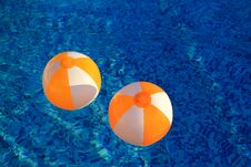 Two Rubber Air Yellow White Inflatable Balls And Toy For Swimming Pool In Transparent Blue Water. Beach Balls Floating On Water. Royalty Free Stock Images