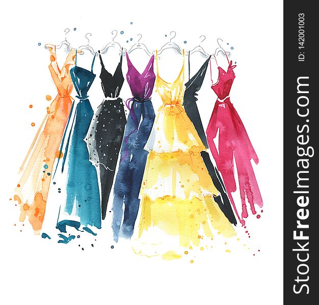 Set Of Watercolor Dresses On Hangers, Fashion Illustration