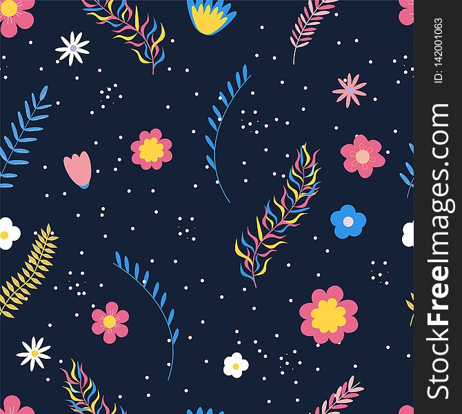 Summer floral seamless pattern. Flowers and branches in bright colors. Vector illustration.