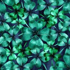 Seamless Pattern With Green Clover Trefoil Leaves. Hand Drawn Watercolor Background. Original Painting. Stock Photo