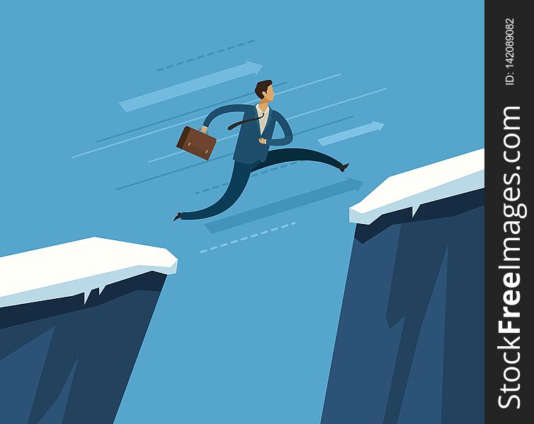 Businessman Jumping Over Chasm. Business Concept. Vector Illustration