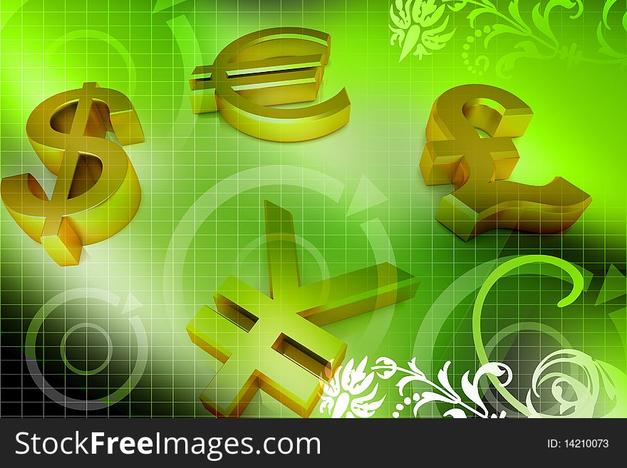 Digital illustration of   world currency  in color background