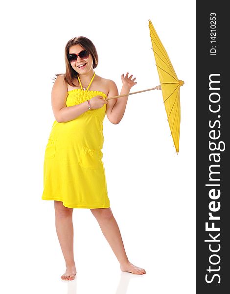 A barfoot young teen happily twirling a parasol while wearing sunglasses and a bright yellow sundress. Isolated on white. A barfoot young teen happily twirling a parasol while wearing sunglasses and a bright yellow sundress. Isolated on white.