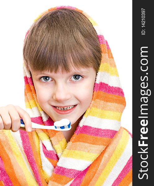 Beautiful boy brushing teeth, isolated on white background