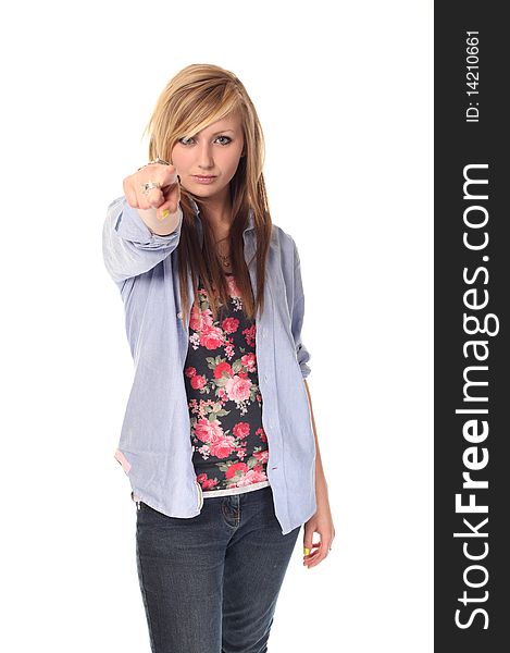 Attractive young teenage girl pointing