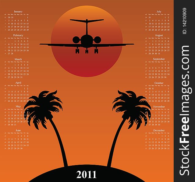 2011 calendar with plane flying over tropical island
