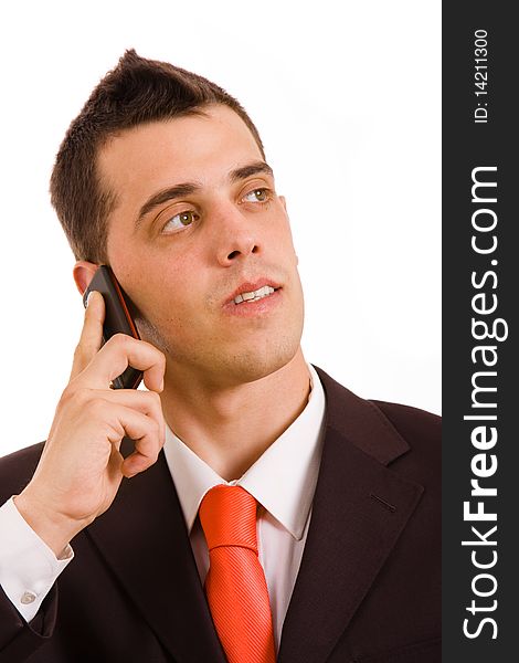 Young business man on the phone, isolated isolated on white background