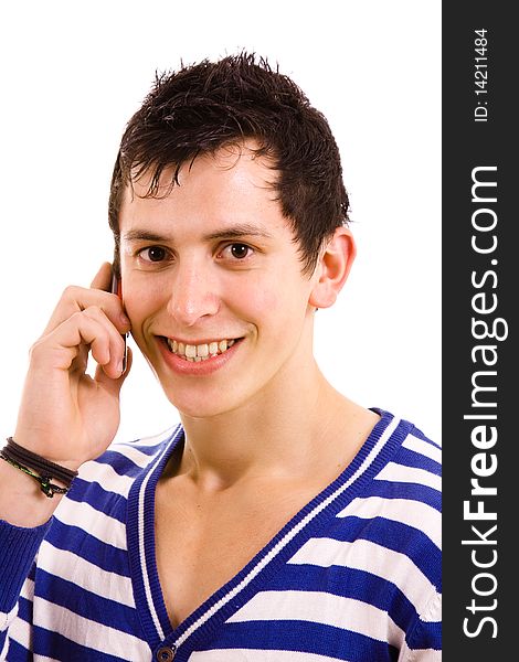 Happy young man on the phone, isolated on white