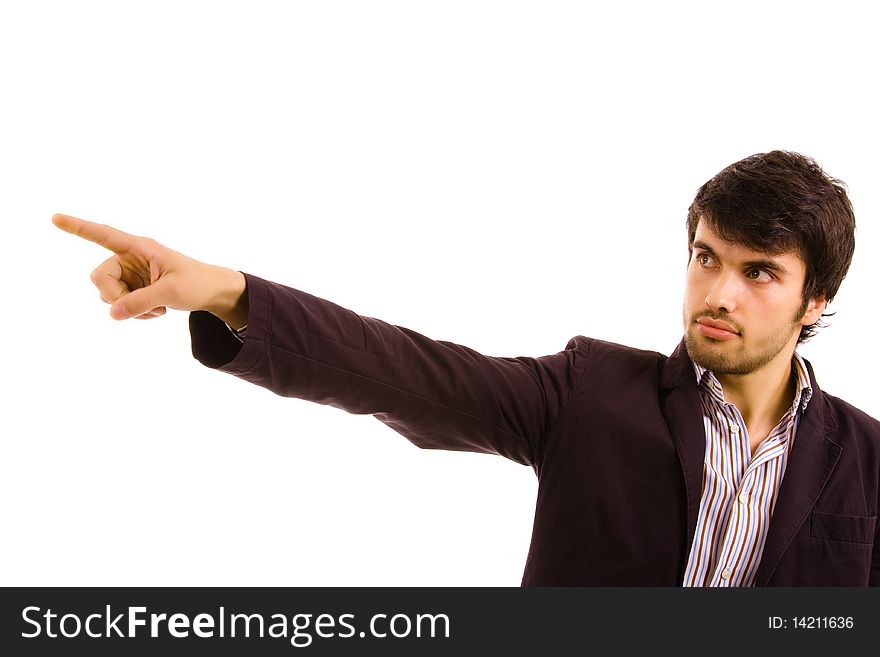 Young atractive man pointing with is finger, isolated on white