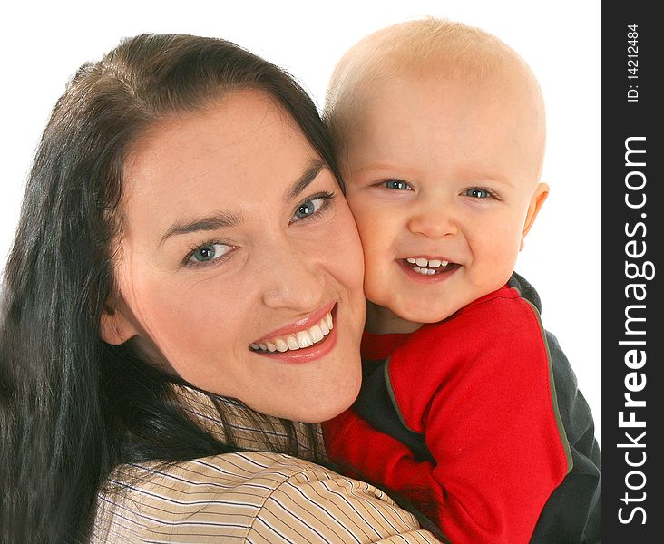 Happy mother with little son on white background