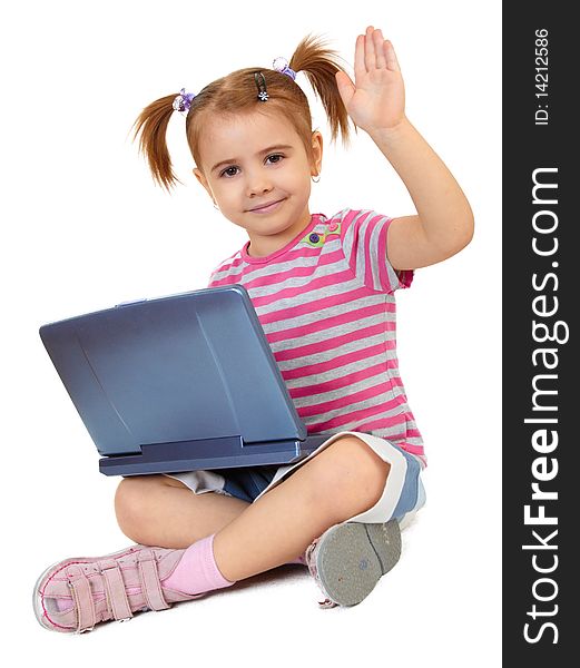 Little funny girl with laptop on white background