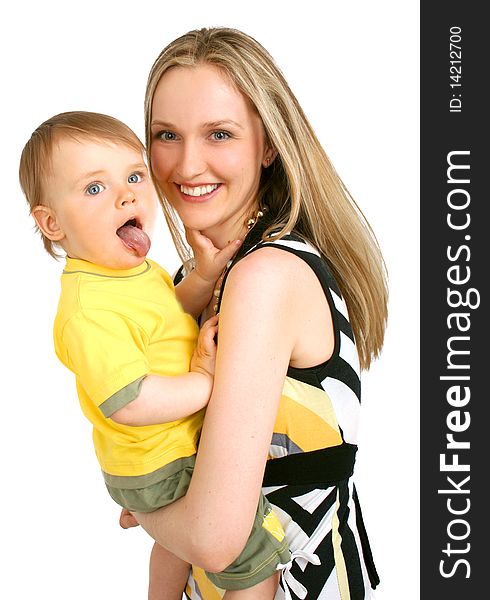 Young happy mother with baby boy on white background