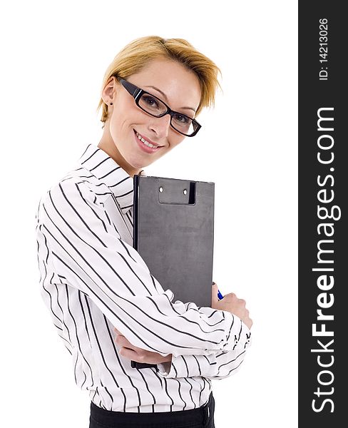 Businesswoman holding clipboard over white background