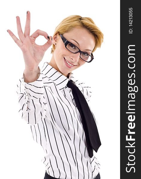 Young businesswoman indicating ok sign. Isolated over white background. Young businesswoman indicating ok sign. Isolated over white background