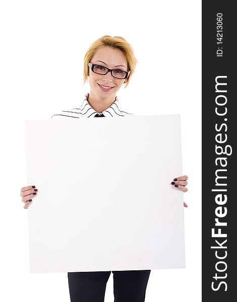 Young business woman holding empty white board