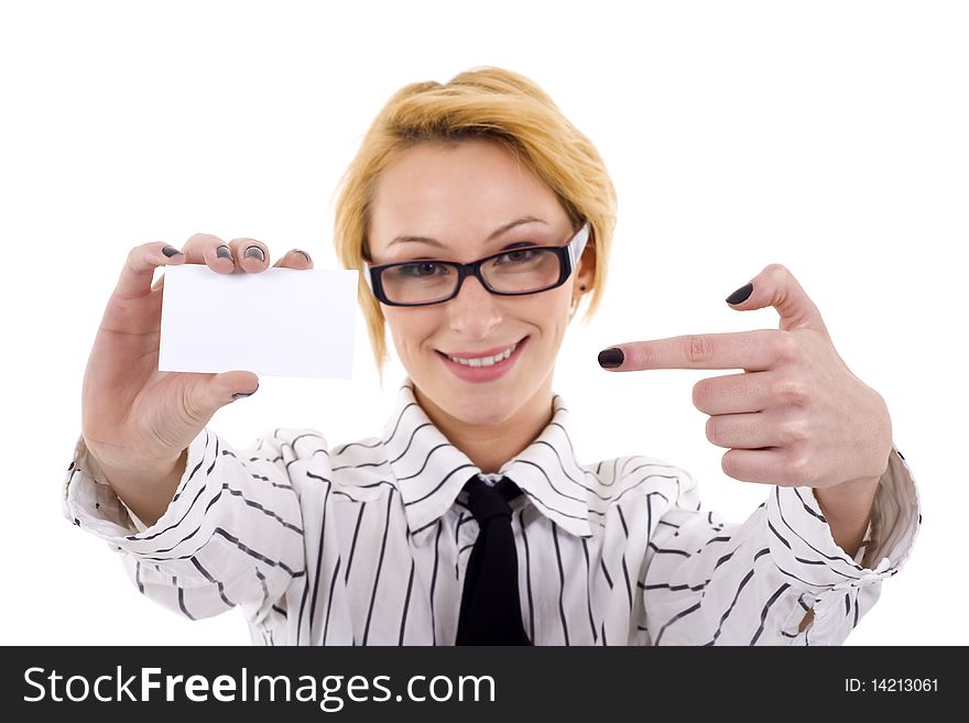 Businesswoman with glasses presenting a blank card. Businesswoman with glasses presenting a blank card