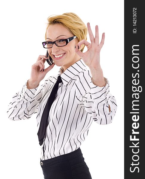 Happy businesswoman with phone and thumbs up gesture, isolated