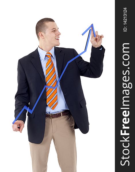 Businessman drawing an ascendent graph with his hands over white. Businessman drawing an ascendent graph with his hands over white