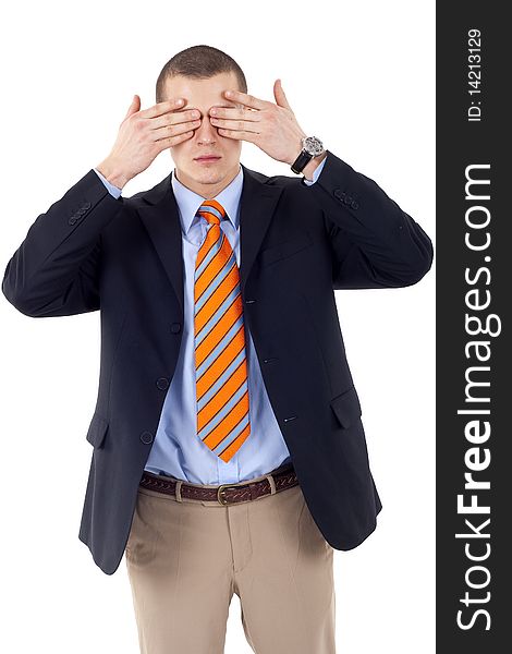 Businessman making the see no evil gesture over white
