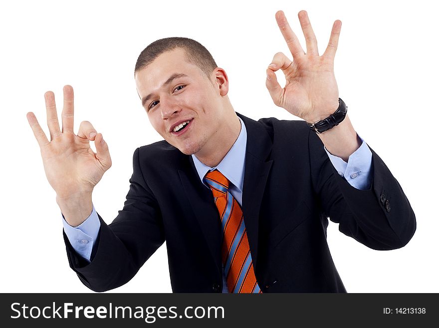 Businessman giving OK gesture with both hands on a white background