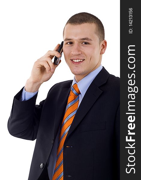 Business man talking on the phone over white