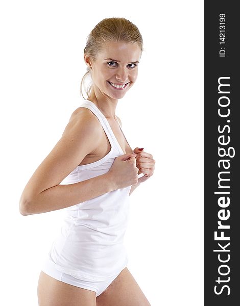 Picture of a blond woman wearing undershirt