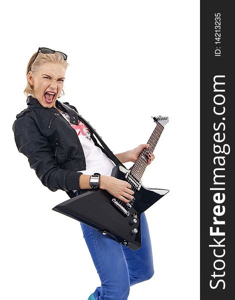 Fashion girl with guitar playing over white background