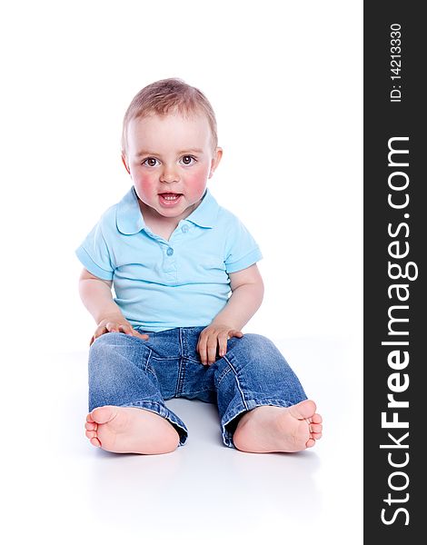 Photo of adorable young boy on white background