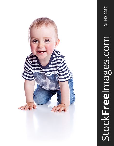 Photo of adorable young boy on white background