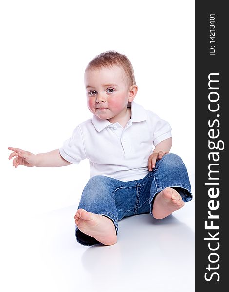 Photo of adorable young boy on white background