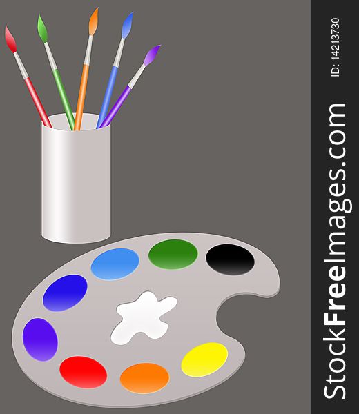 Palette with paint and color paintbrushes. Palette with paint and color paintbrushes