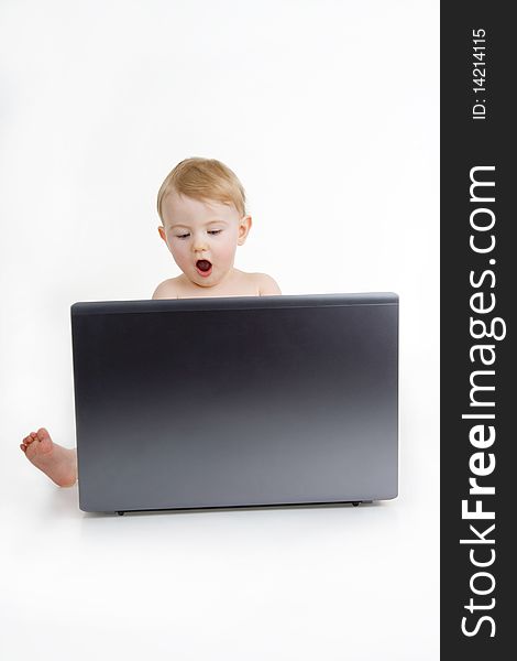 Child with laptop,on white background. Child with laptop,on white background.
