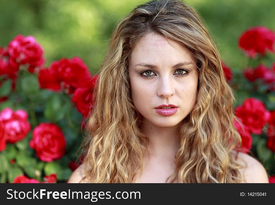 Beautiful Female White Model With Red Roses