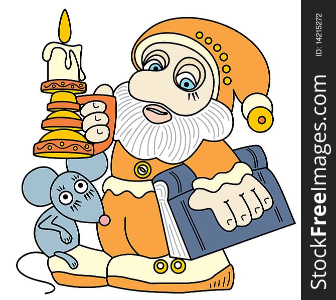 Good gnome with a book, a mouse and a candle. Illustration.