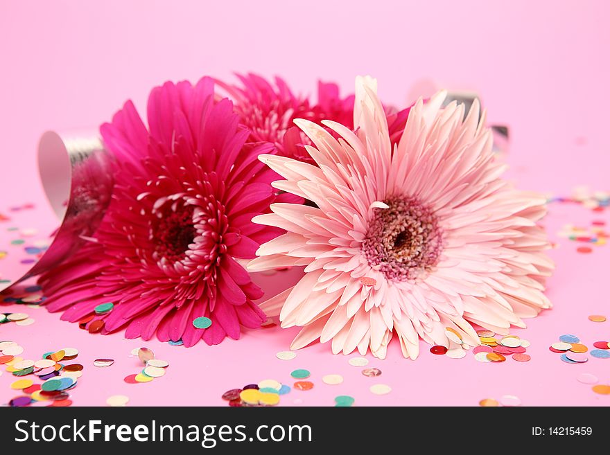 Flowers and confetti on a pink background
