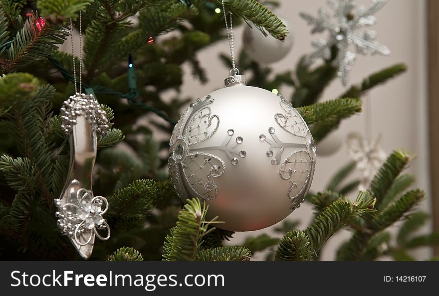 Decoration close up,  Christmas tree branches. Decoration close up,  Christmas tree branches