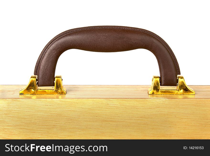 Wooden case with leather handle isolated on white background