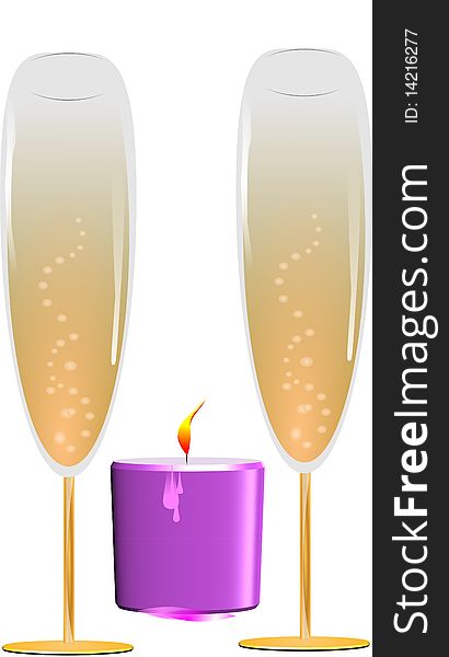 Two wine glasses in 3d on white with bubbles and mauve candle. Two wine glasses in 3d on white with bubbles and mauve candle