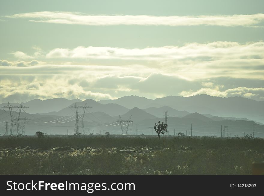Sunrise over the desert in California, clouds covering the skie