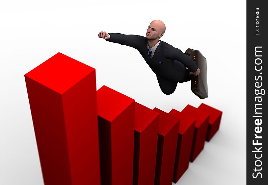 3d businesman in a red graphic bar with accelerated growth. 3d businesman in a red graphic bar with accelerated growth