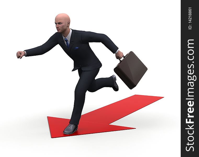 3d businesman running over a red arrow. 3d businesman running over a red arrow