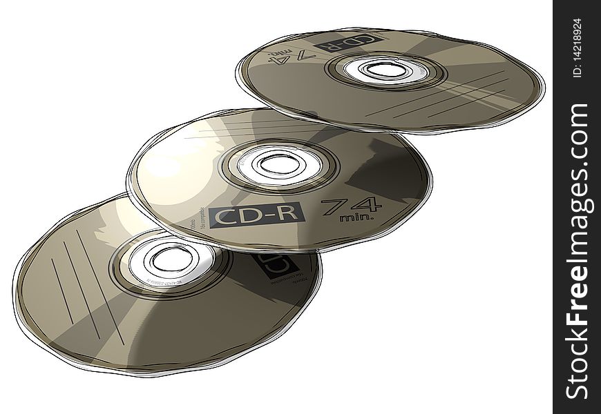 Three 3D-modelled CD/DVD discs. Three 3D-modelled CD/DVD discs